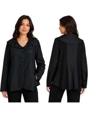 LUUKAA France Mixed Media Black Jacket Pleated Collar Stretch Size 4 Lagenlook
